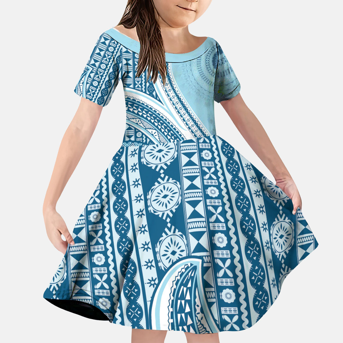 Bula Fiji Vintage Tapa Kid Short Sleeve Dress Kaivity Masi Wave Motifs - Turquoise LT7 KID Turquoise - Polynesian Pride