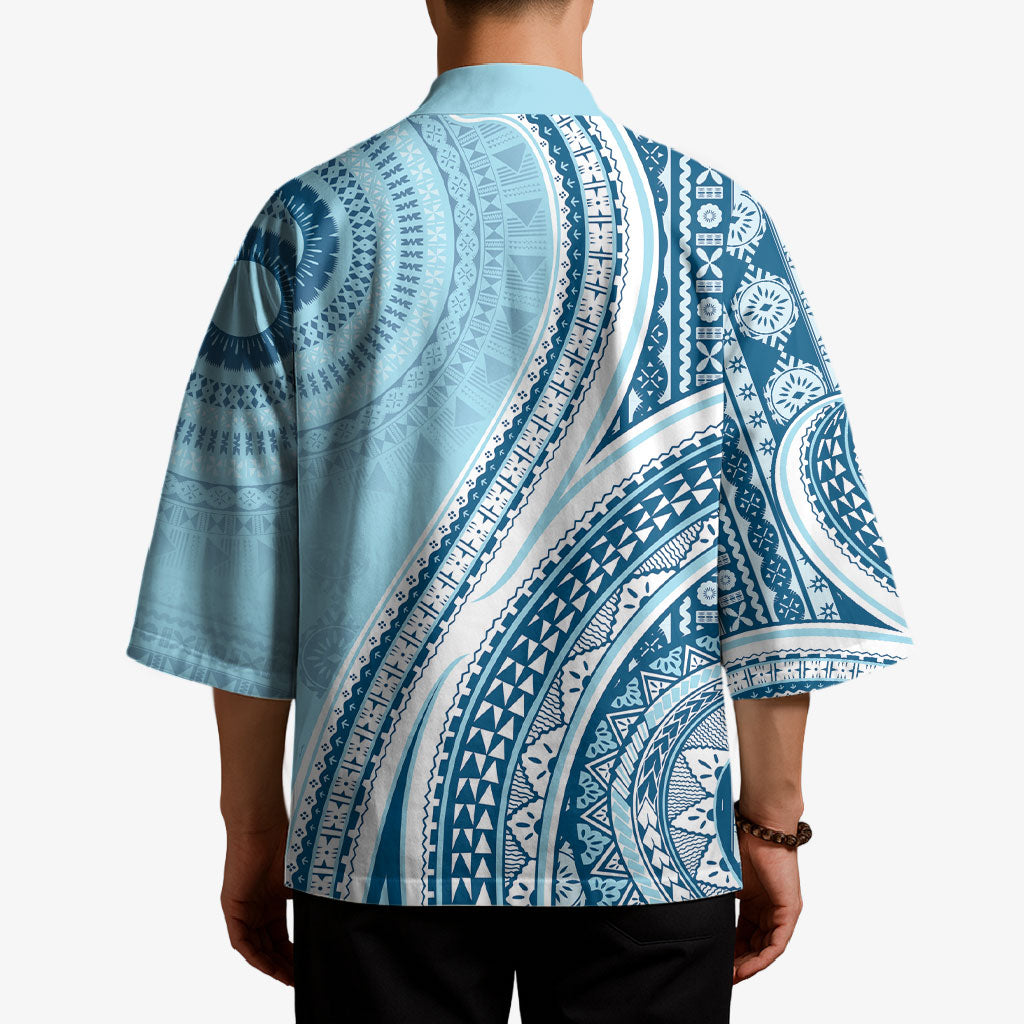 Bula Fiji Vintage Tapa Kimono Kaivity Masi Wave Motifs - Turquoise
