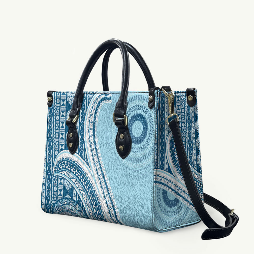 Bula Fiji Vintage Tapa Leather Bag Kaivity Masi Wave Motifs - Turquoise