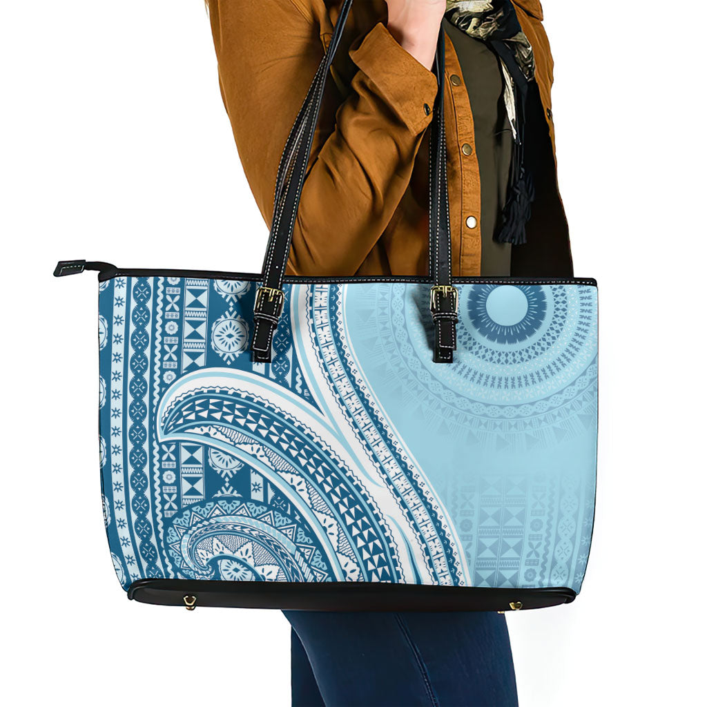 Bula Fiji Vintage Tapa Leather Tote Bag Kaivity Masi Wave Motifs - Turquoise