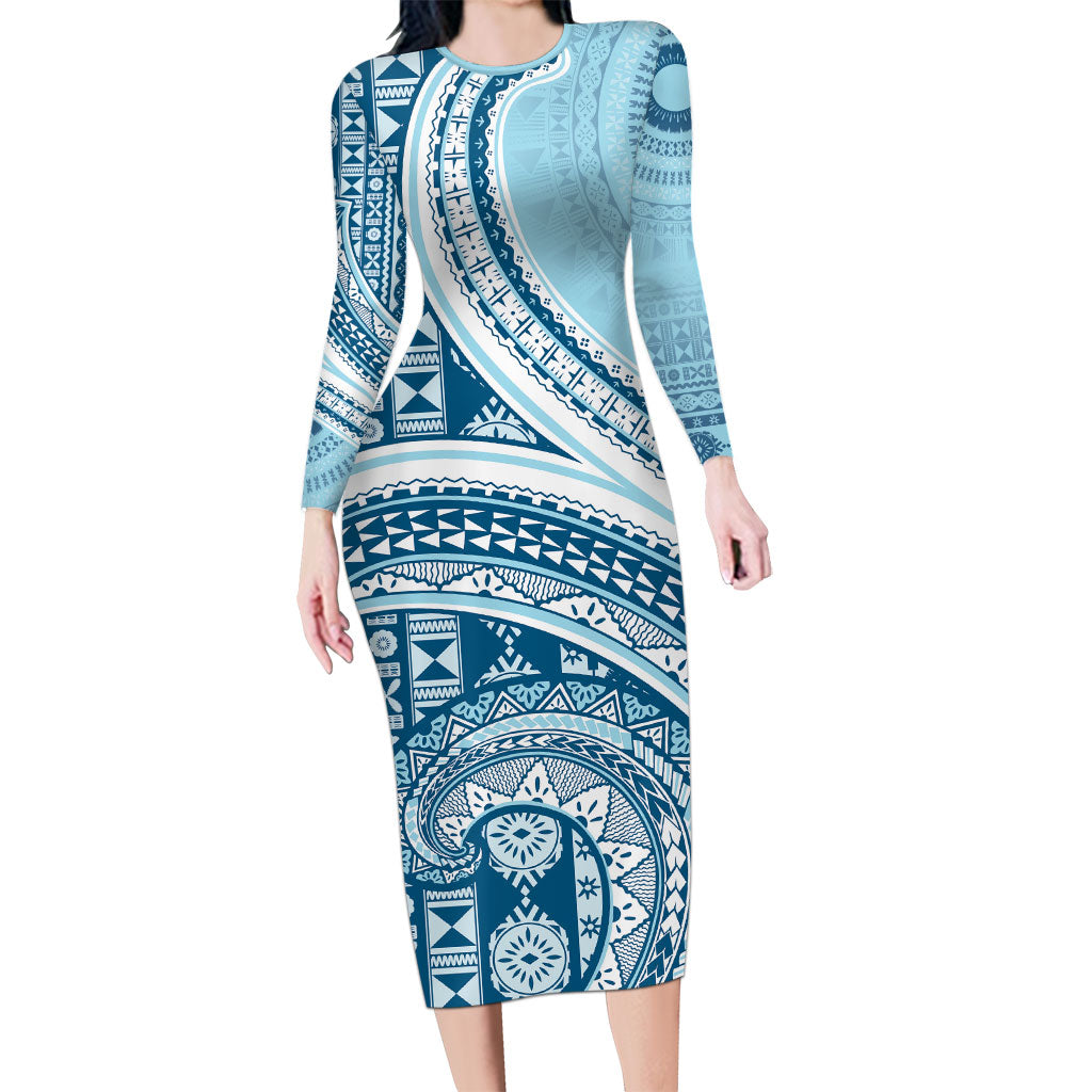 Bula Fiji Vintage Tapa Long Sleeve Bodycon Dress Kaivity Masi Wave Motifs - Turquoise LT7 Long Dress Turquoise - Polynesian Pride