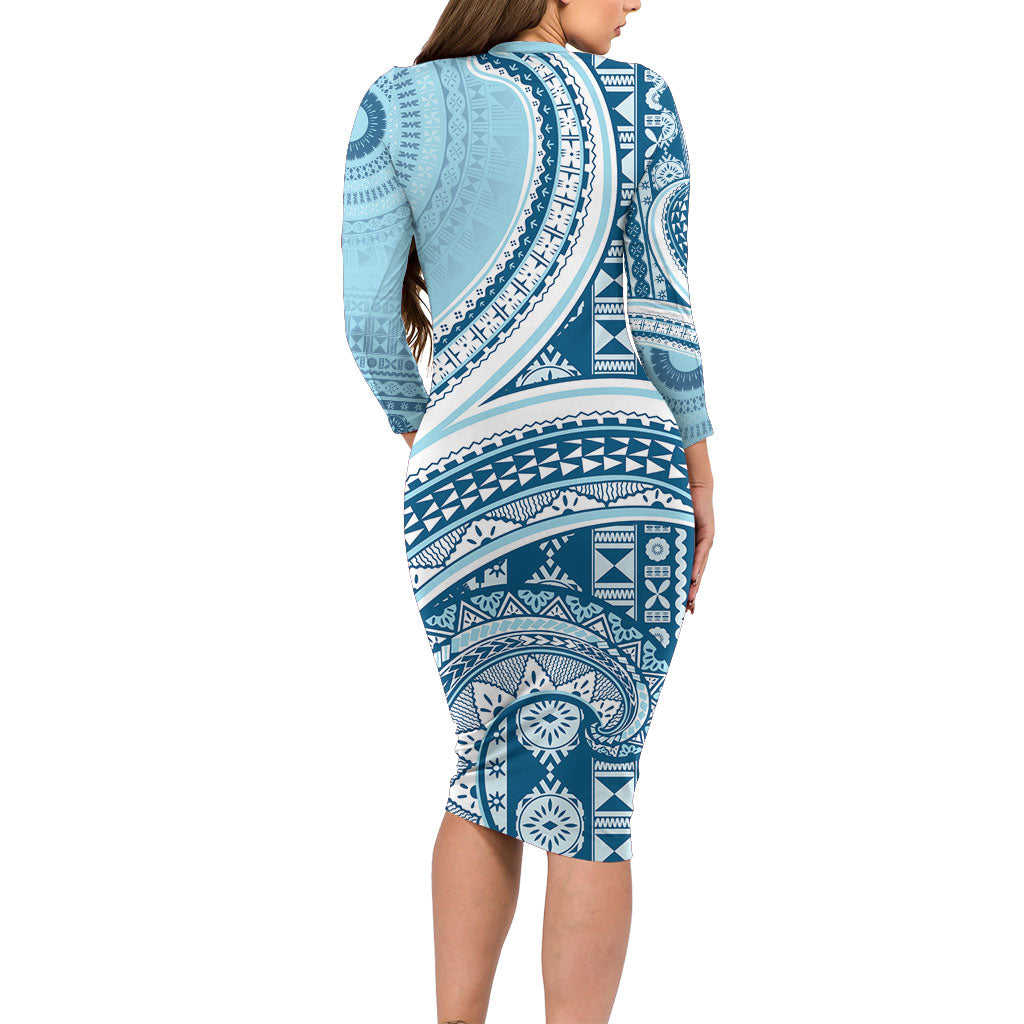 Bula Fiji Vintage Tapa Long Sleeve Bodycon Dress Kaivity Masi Wave Motifs - Turquoise LT7 - Polynesian Pride