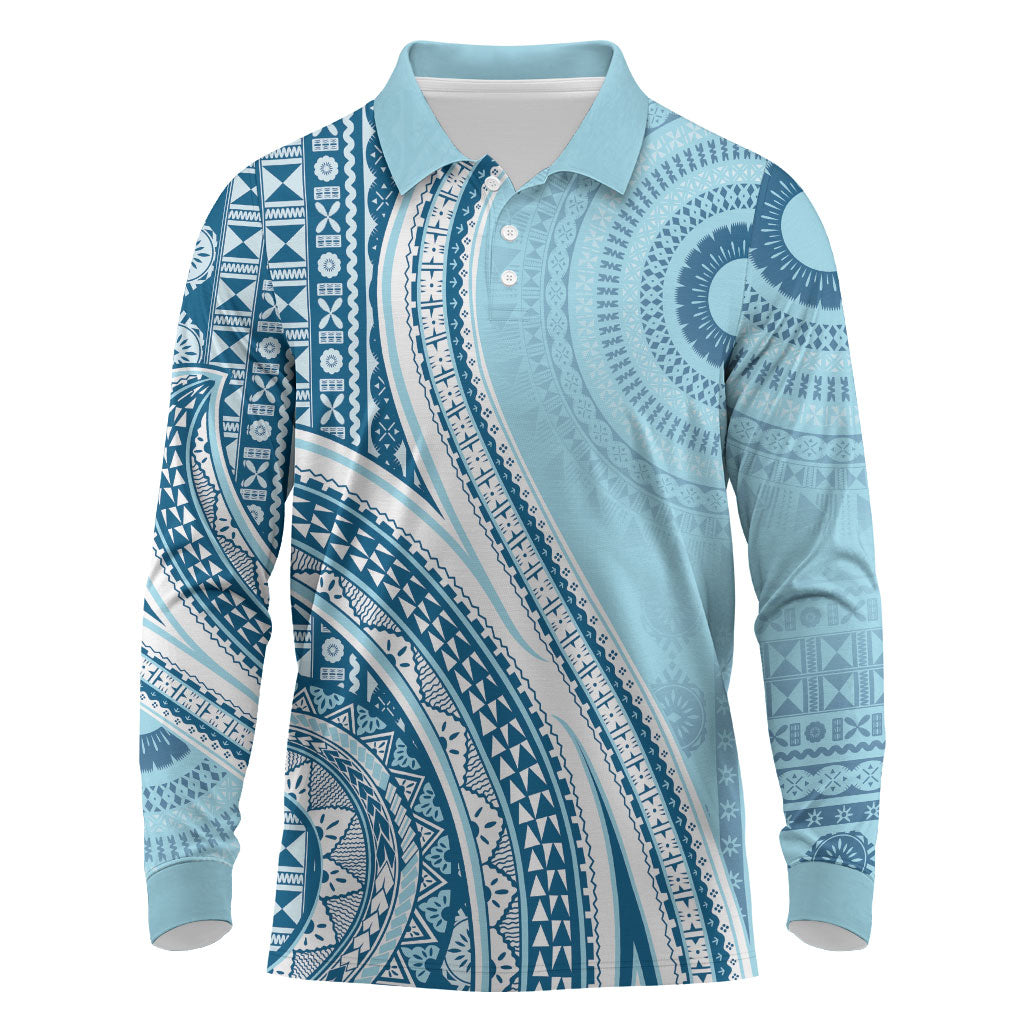 Bula Fiji Vintage Tapa Long Sleeve Polo Shirt Kaivity Masi Wave Motifs - Turquoise LT7 Turquoise - Polynesian Pride