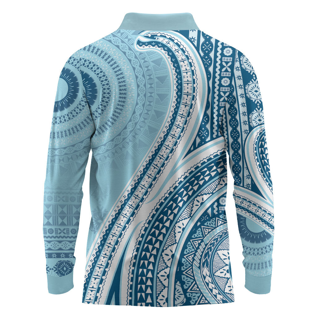 Bula Fiji Vintage Tapa Long Sleeve Polo Shirt Kaivity Masi Wave Motifs - Turquoise LT7 - Polynesian Pride
