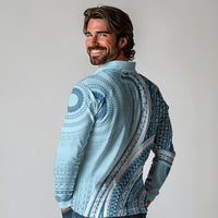 Bula Fiji Vintage Tapa Long Sleeve Polo Shirt Kaivity Masi Wave Motifs - Turquoise LT7 - Polynesian Pride