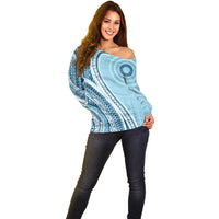 Bula Fiji Vintage Tapa Off Shoulder Sweater Kaivity Masi Wave Motifs - Turquoise