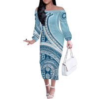 Bula Fiji Vintage Tapa Off The Shoulder Long Sleeve Dress Kaivity Masi Wave Motifs - Turquoise LT7 Women Turquoise - Polynesian Pride