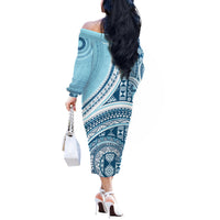 Bula Fiji Vintage Tapa Off The Shoulder Long Sleeve Dress Kaivity Masi Wave Motifs - Turquoise LT7 - Polynesian Pride