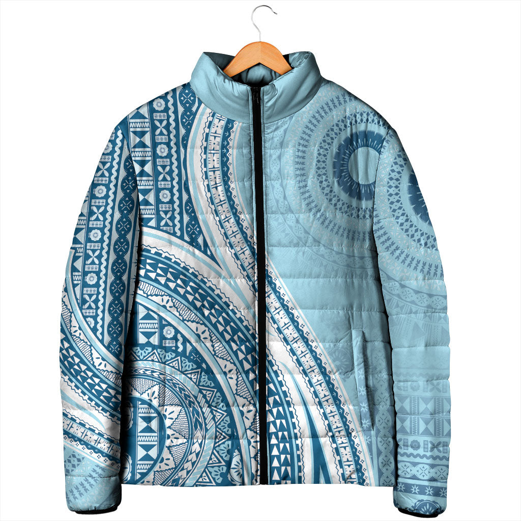 Bula Fiji Vintage Tapa Padded Jacket Kaivity Masi Wave Motifs - Turquoise
