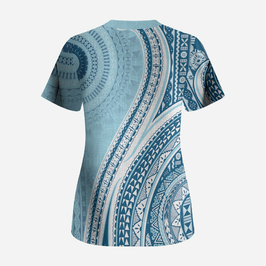 Bula Fiji Vintage Tapa Scrub Top Kaivity Masi Wave Motifs - Turquoise