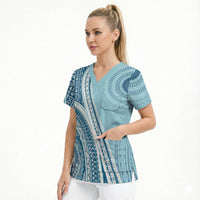 Bula Fiji Vintage Tapa Scrub Top Kaivity Masi Wave Motifs - Turquoise