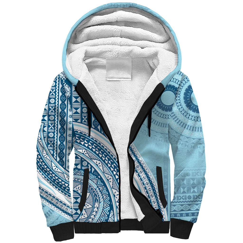 Bula Fiji Vintage Tapa Sherpa Hoodie Kaivity Masi Wave Motifs - Turquoise LT7 Unisex Turquoise - Polynesian Pride