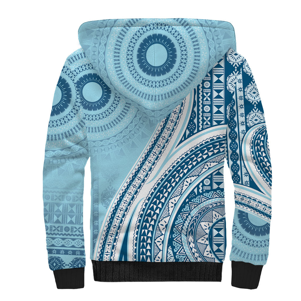Bula Fiji Vintage Tapa Sherpa Hoodie Kaivity Masi Wave Motifs - Turquoise LT7 - Polynesian Pride
