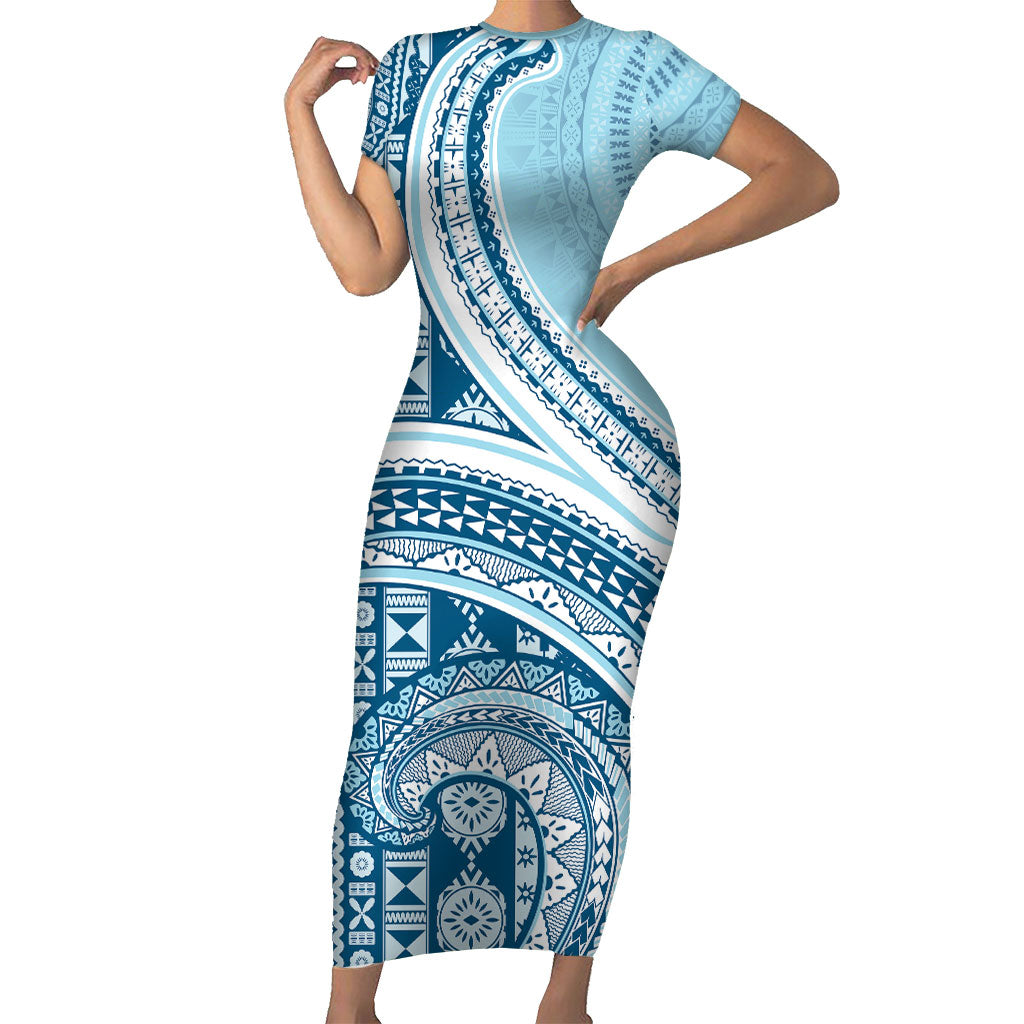 Bula Fiji Vintage Tapa Short Sleeve Bodycon Dress Kaivity Masi Wave Motifs - Turquoise