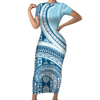 Bula Fiji Vintage Tapa Short Sleeve Bodycon Dress Kaivity Masi Wave Motifs - Turquoise LT7 Long Dress Turquoise - Polynesian Pride