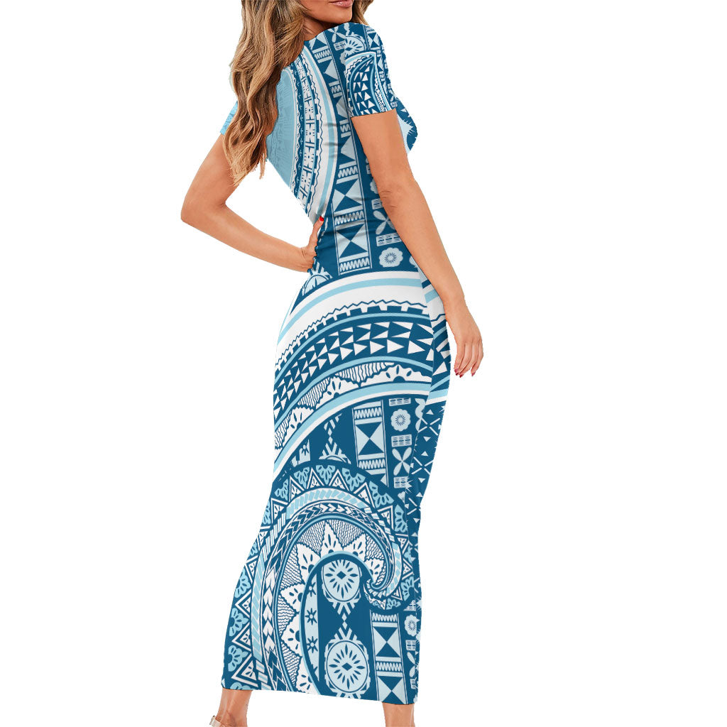 Bula Fiji Vintage Tapa Short Sleeve Bodycon Dress Kaivity Masi Wave Motifs - Turquoise LT7 - Polynesian Pride