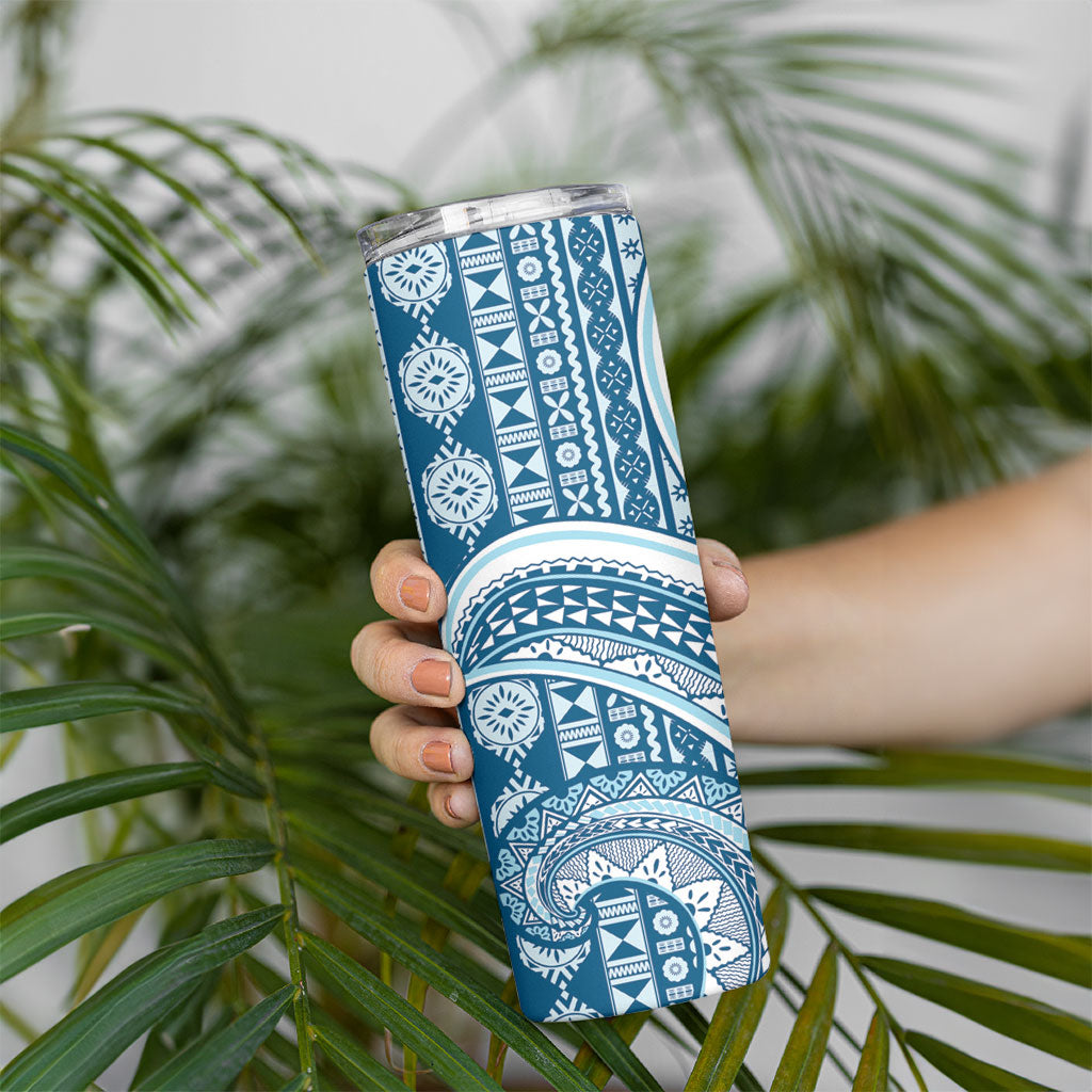 Bula Fiji Vintage Tapa Skinny Tumbler Kaivity Masi Wave Motifs - Turquoise LT7 - Polynesian Pride