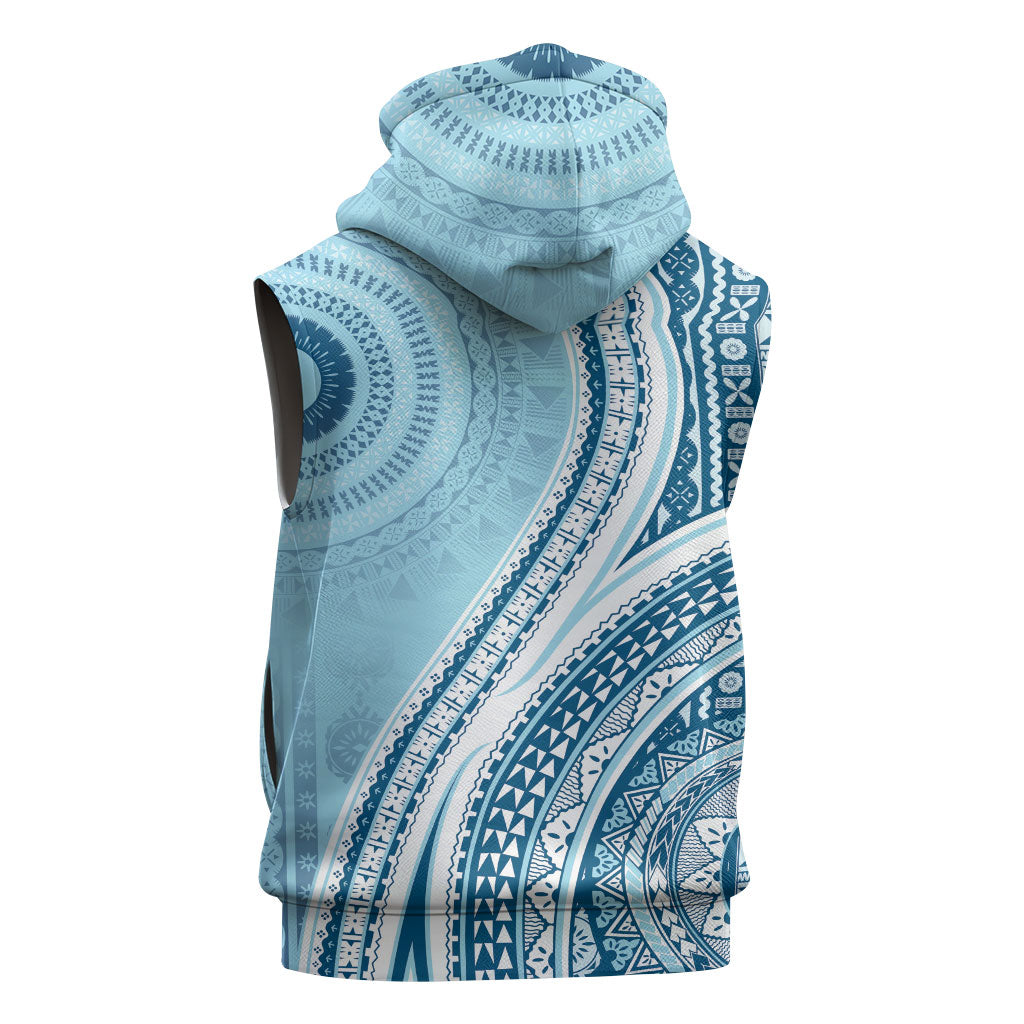 Bula Fiji Vintage Tapa Sleeveless Zip Hoodie Kaivity Masi Wave Motifs - Turquoise LT7 - Polynesian Pride