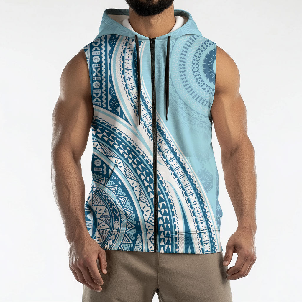 Bula Fiji Vintage Tapa Sleeveless Zip Hoodie Kaivity Masi Wave Motifs - Turquoise LT7 - Polynesian Pride