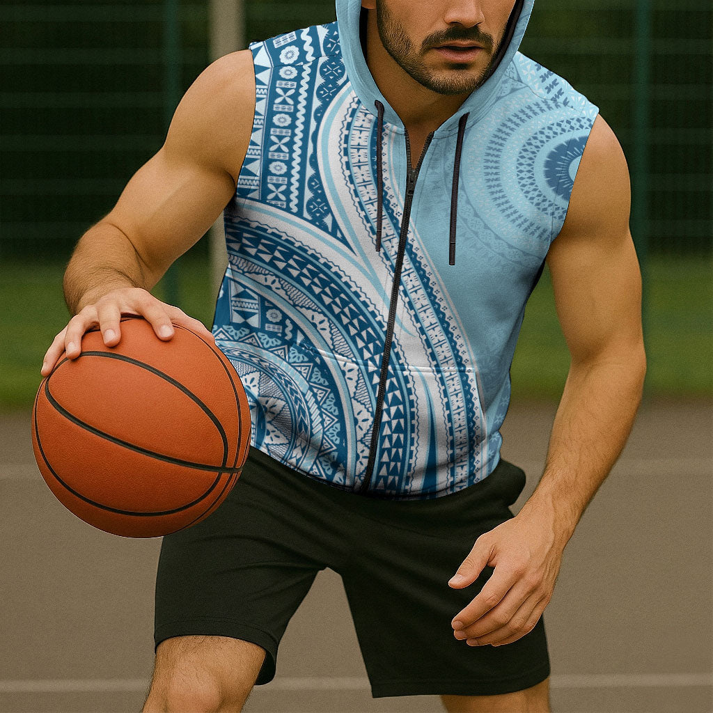Bula Fiji Vintage Tapa Sleeveless Zip Hoodie Kaivity Masi Wave Motifs - Turquoise LT7 - Polynesian Pride