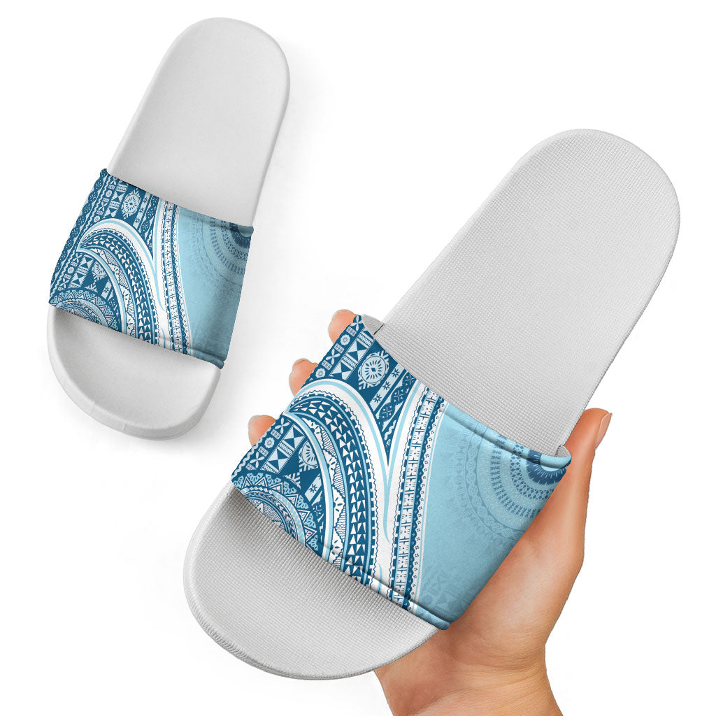 Bula Fiji Vintage Tapa Slide Sandals Kaivity Masi Wave Motifs - Turquoise