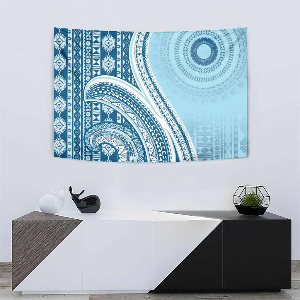 Bula Fiji Vintage Tapa Tapestry Kaivity Masi Wave Motifs - Turquoise