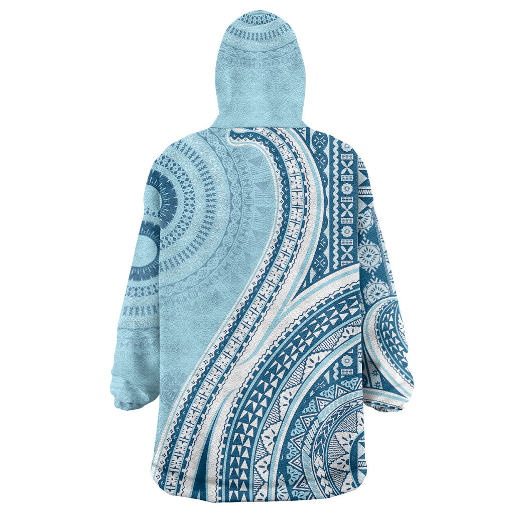 Bula Fiji Vintage Tapa Wearable Blanket Hoodie Kaivity Masi Wave Motifs - Turquoise LT7 - Polynesian Pride