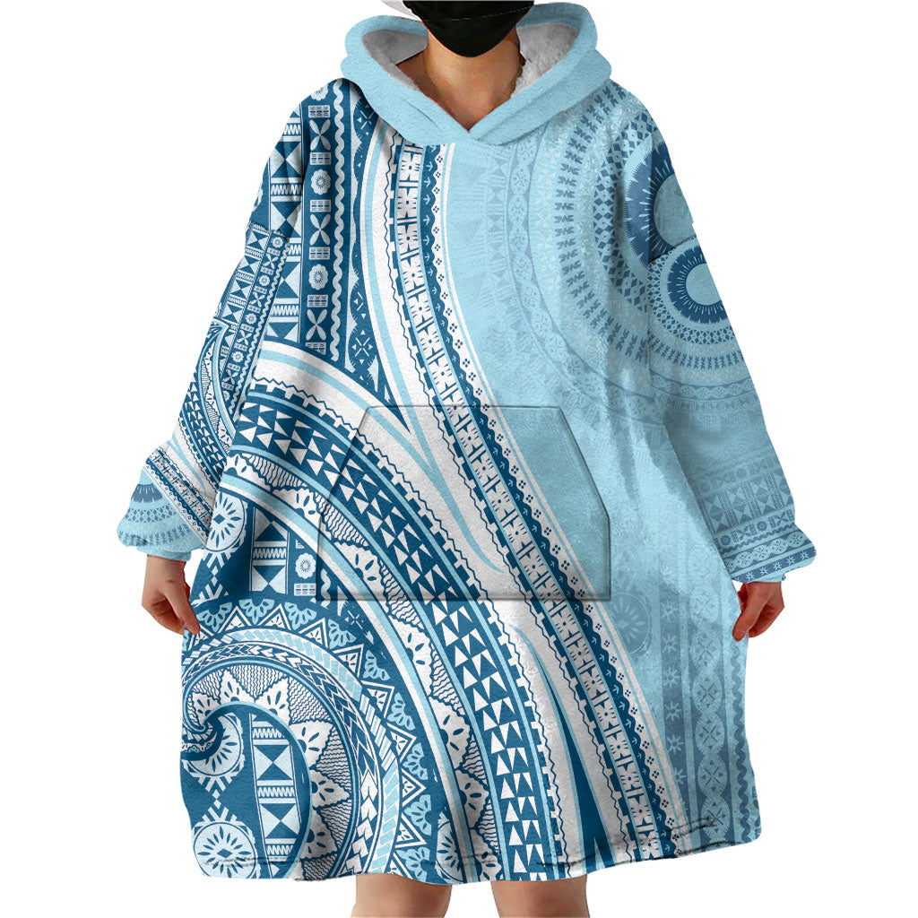 Bula Fiji Vintage Tapa Wearable Blanket Hoodie Kaivity Masi Wave Motifs - Turquoise LT7 - Polynesian Pride