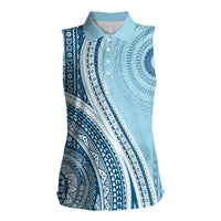 Bula Fiji Vintage Tapa Women Sleeveless Polo Shirt Kaivity Masi Wave Motifs - Turquoise LT7 Female Turquoise - Polynesian Pride
