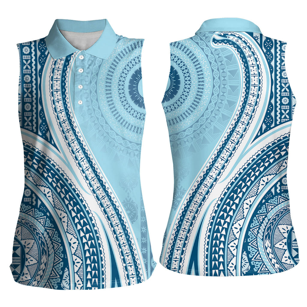 Bula Fiji Vintage Tapa Women Sleeveless Polo Shirt Kaivity Masi Wave Motifs - Turquoise LT7 - Polynesian Pride