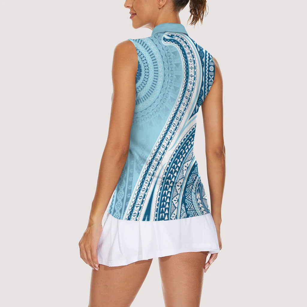Bula Fiji Vintage Tapa Women Sleeveless Polo Shirt Kaivity Masi Wave Motifs - Turquoise LT7 - Polynesian Pride