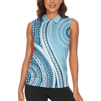 Bula Fiji Vintage Tapa Women Sleeveless Polo Shirt Kaivity Masi Wave Motifs - Turquoise LT7 - Polynesian Pride