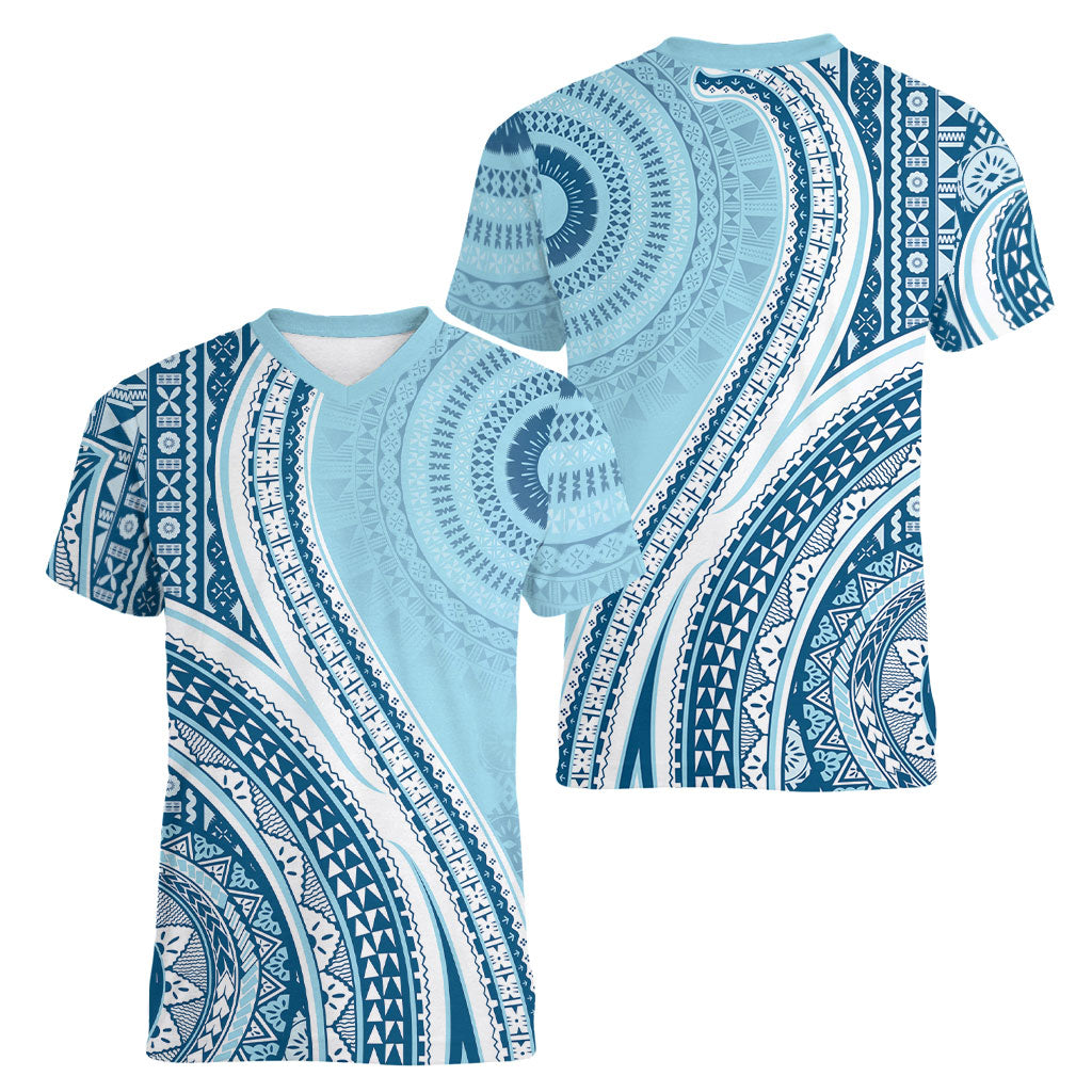 Bula Fiji Vintage Tapa Women V-Neck T-Shirt Kaivity Masi Wave Motifs - Turquoise LT7 - Polynesian Pride