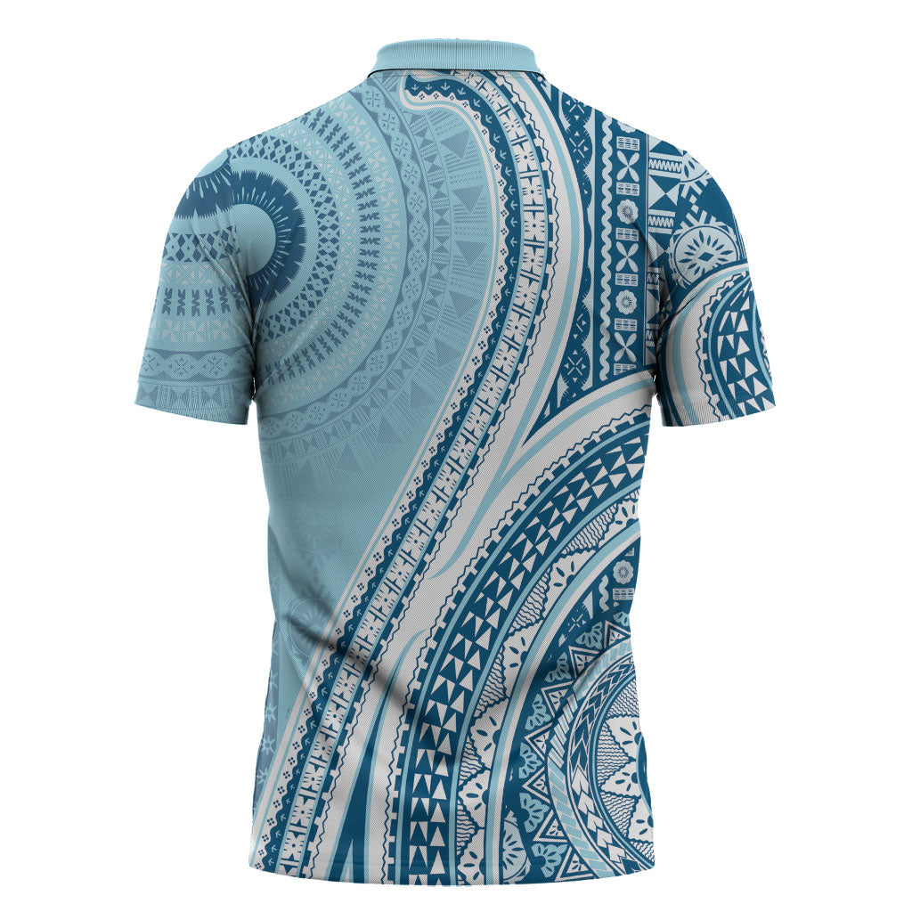 Bula Fiji Vintage Tapa Zipper Polo Shirt Kaivity Masi Wave Motifs - Turquoise LT7 - Polynesian Pride
