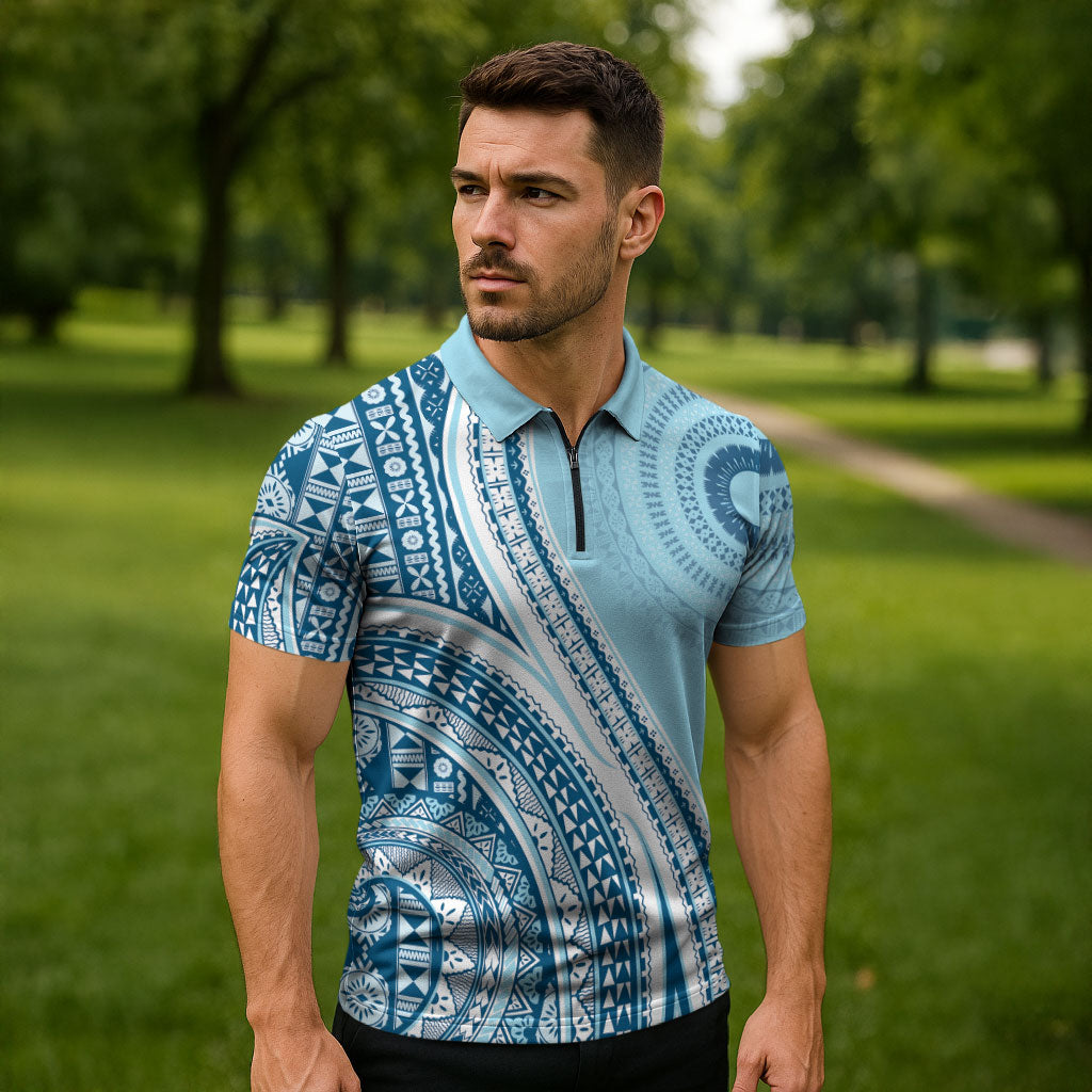 Bula Fiji Vintage Tapa Zipper Polo Shirt Kaivity Masi Wave Motifs - Turquoise LT7 - Polynesian Pride