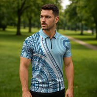 Bula Fiji Vintage Tapa Zipper Polo Shirt Kaivity Masi Wave Motifs - Turquoise LT7 - Polynesian Pride