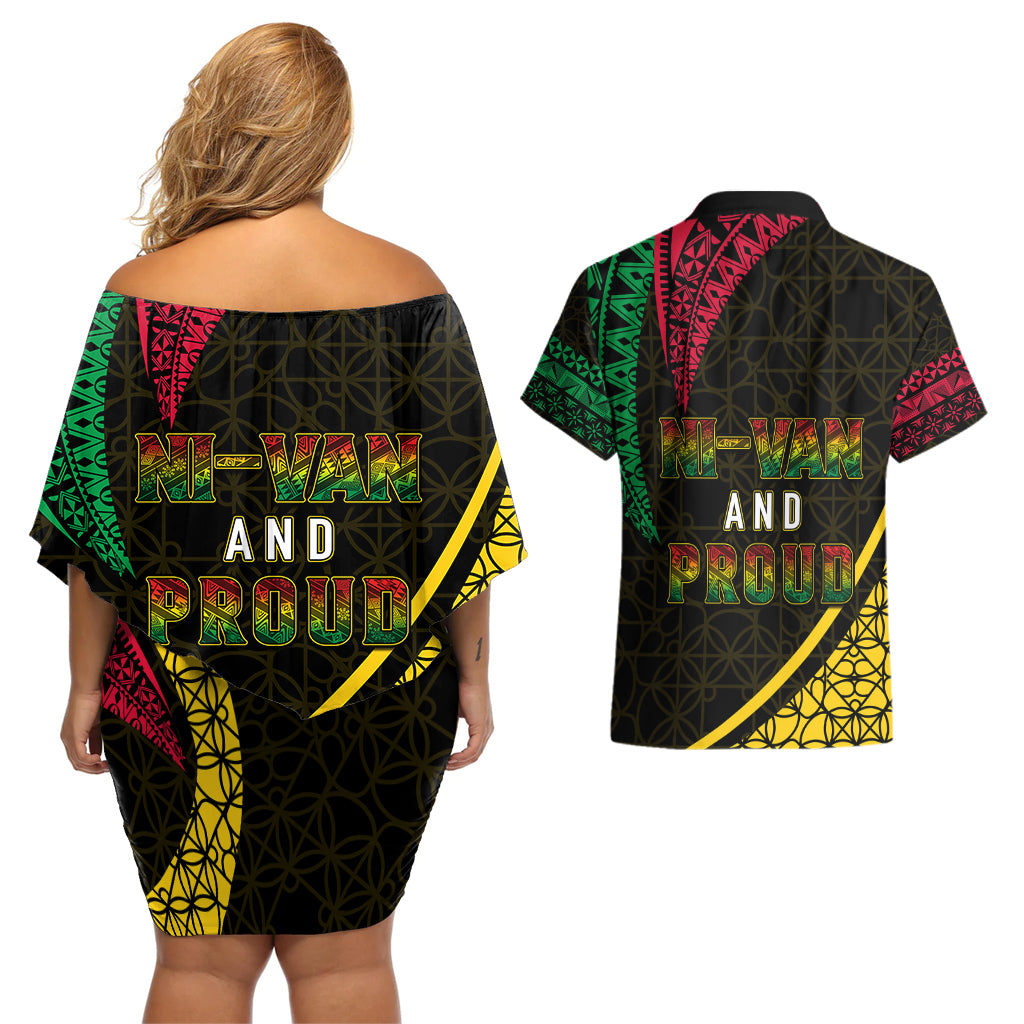 Personalised Vanuatu Couples Matching Off Shoulder Short Dress and Hawaiian Shirt Melanesian Sand Drawing Mixed - Ni Van and Proud LT7 - Polynesian Pride
