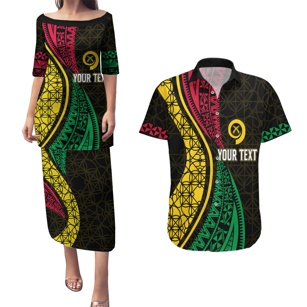 Personalised Vanuatu Couples Matching Puletasi Dress and Hawaiian Shirt Melanesian Sand Drawing Mixed - Ni Van and Proud LT7 Black - Polynesian Pride
