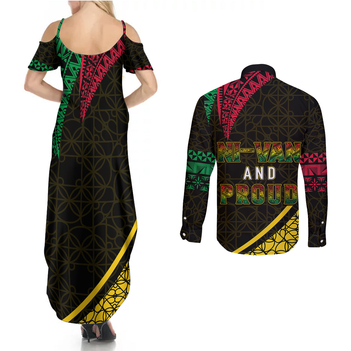 Personalised Vanuatu Couples Matching Summer Maxi Dress and Long Sleeve Button Shirts Melanesian Sand Drawing Mixed - Ni Van and Proud LT7 - Polynesian Pride