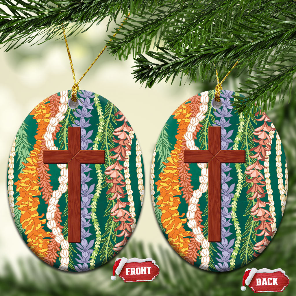 Mahalo Hawaii - Ka Pule a ka Haku Ceramic Ornament Mixed Lei LT7 Oval Sage Green - Polynesian Pride