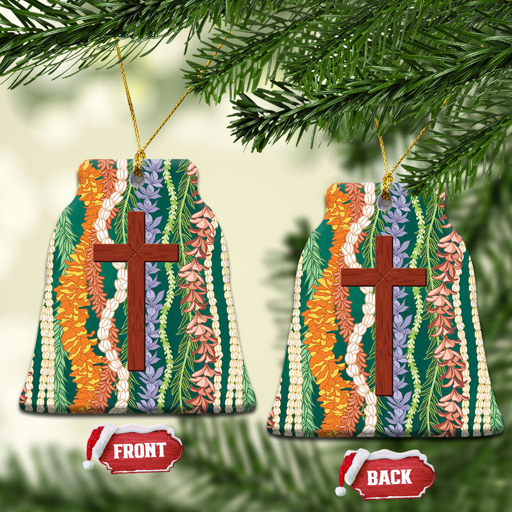 Mahalo Hawaii - Ka Pule a ka Haku Ceramic Ornament Mixed Lei LT7 Bell Flake Sage Green - Polynesian Pride