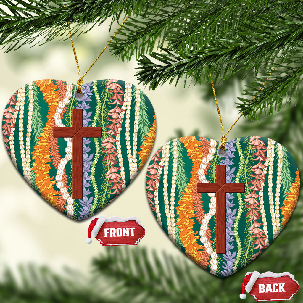 Mahalo Hawaii - Ka Pule a ka Haku Ceramic Ornament Mixed Lei LT7 Heart Sage Green - Polynesian Pride