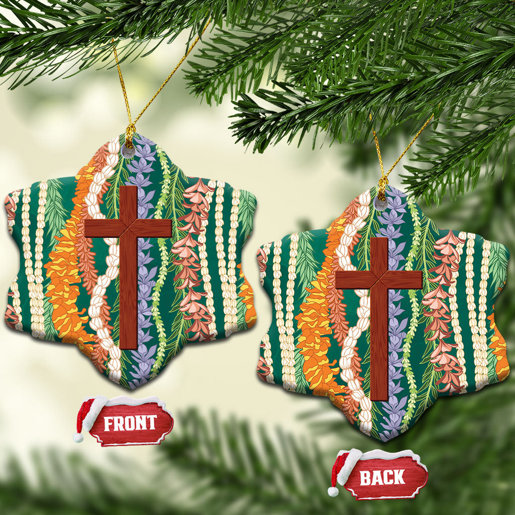 Mahalo Hawaii - Ka Pule a ka Haku Ceramic Ornament Mixed Lei LT7 Snow Flake Sage Green - Polynesian Pride