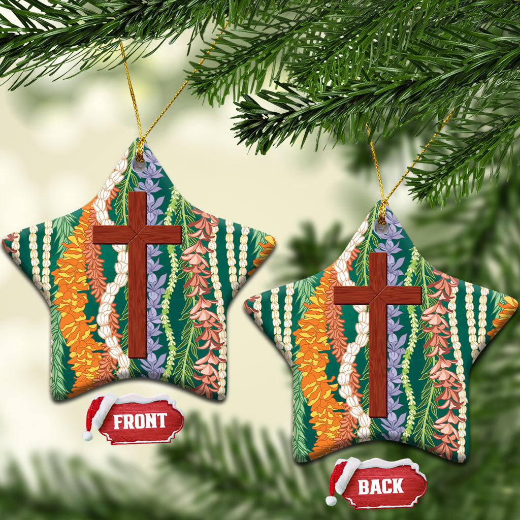Mahalo Hawaii - Ka Pule a ka Haku Ceramic Ornament Mixed Lei LT7 Star Sage Green - Polynesian Pride
