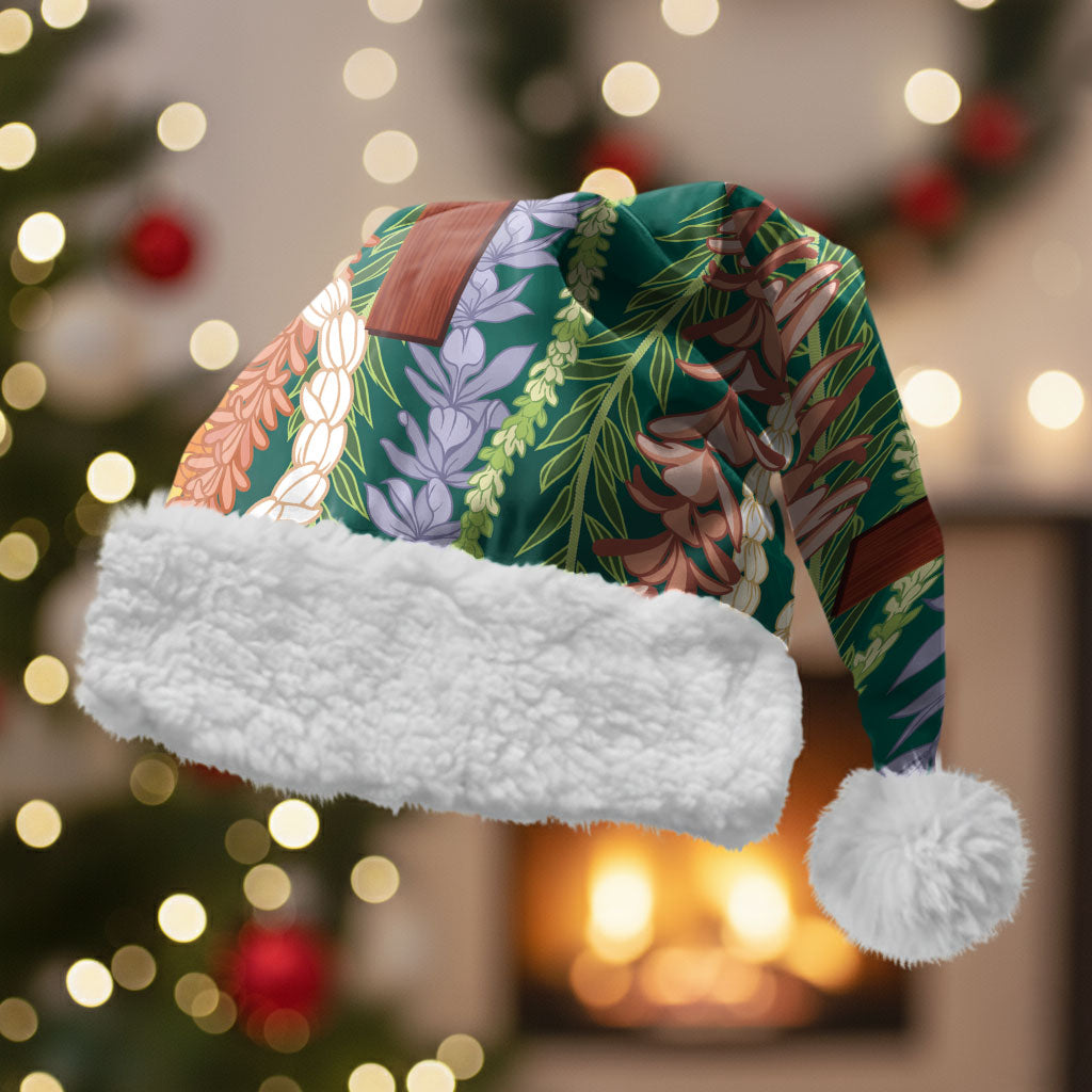 Mahalo Hawaii - Ka Pule a ka Haku Christmas Santa Hat Mixed Lei LT7 With Fur Sage Green - Polynesian Pride