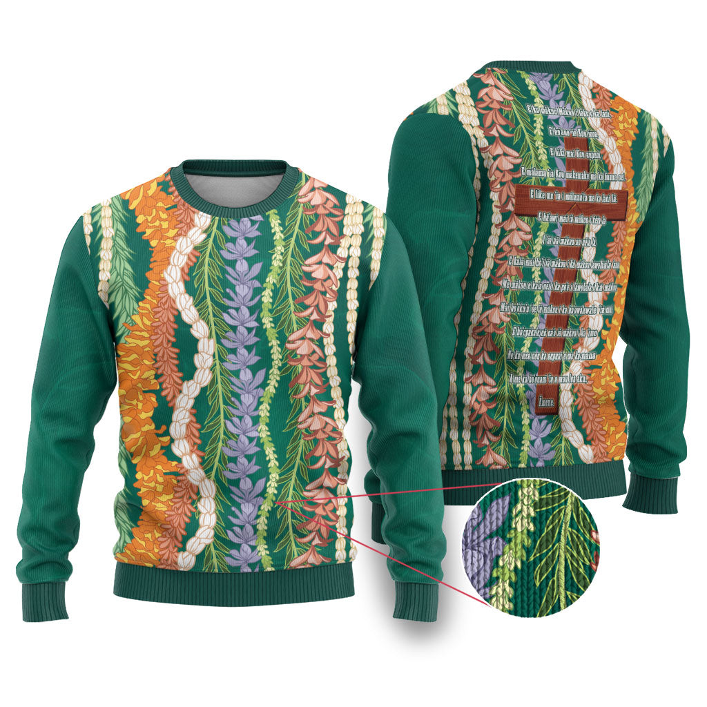 Mahalo Hawaii - Ka Pule a ka Haku Ugly Christmas Sweater Mixed Lei LT7 Sage Green - Polynesian Pride