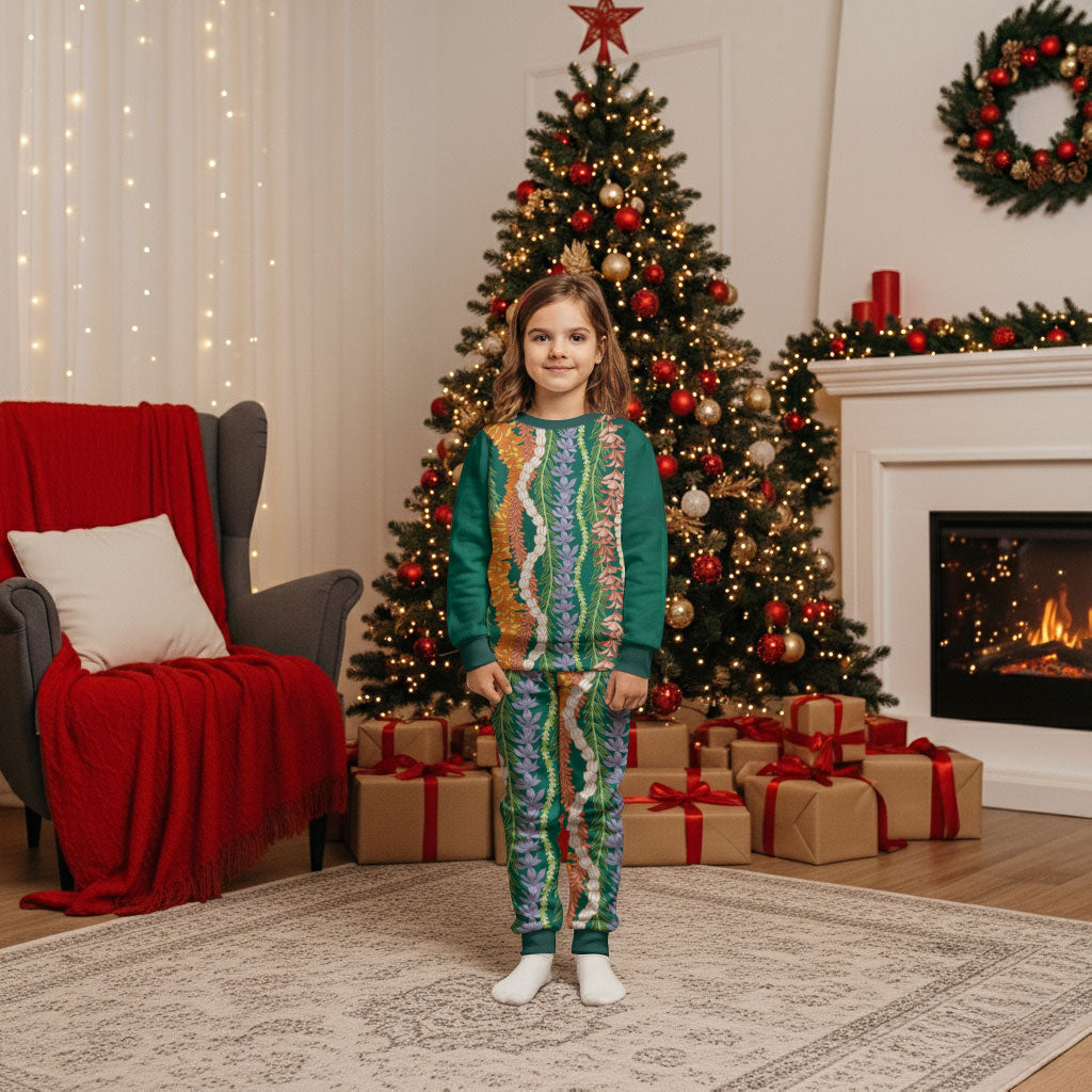 Mahalo Hawaii - Ka Pule a ka Haku Christmas Pajama Set Mixed Lei LT7 Kid Sage Green - Polynesian Pride