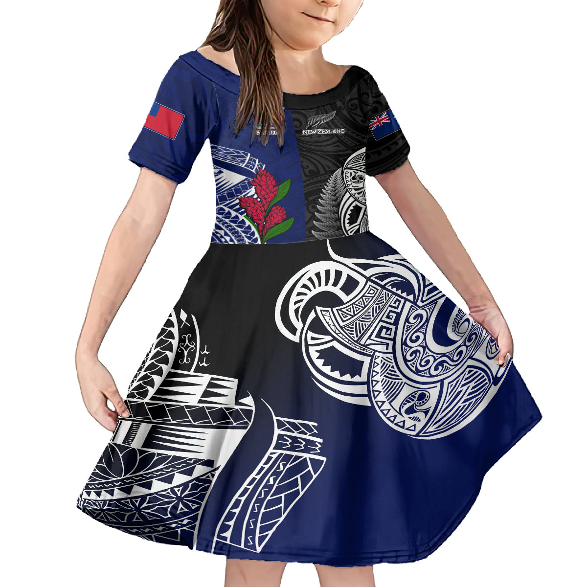 Personalised New Zealand Vs Samoa Rugby Family Matching Off Shoulder Long Sleeve Dress and Hawaiian Shirt Go Champions LT7 Daughter's Dress Black Blue - Polynesian Pride
