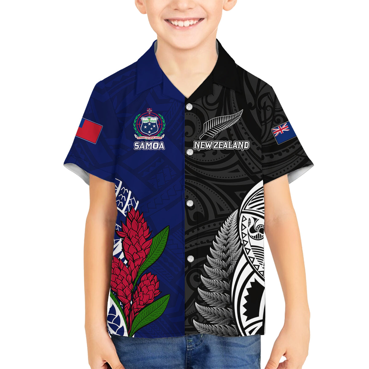 Personalised New Zealand Vs Samoa Rugby Family Matching Off Shoulder Short Dress and Hawaiian Shirt Go Champions LT7 Son's Shirt Black Blue - Polynesian Pride