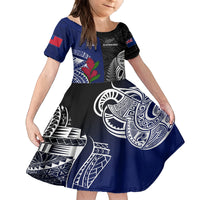 Personalised New Zealand Vs Samoa Rugby Family Matching Puletasi Dress and Hawaiian Shirt Go Champions LT7 Daughter's Dress Black Blue - Polynesian Pride